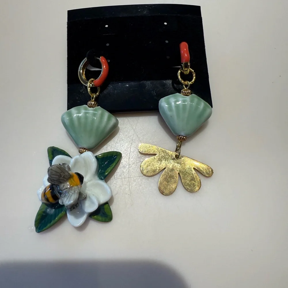 Whimsical Mismatched Bee & Flower Statement Earrings One of‎ a Kind Artisan